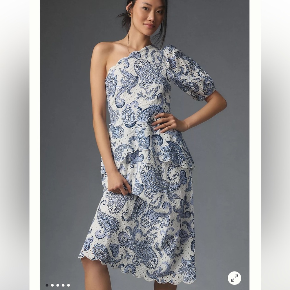Farm Rio One-Shoulder Eyelet Midi Dress